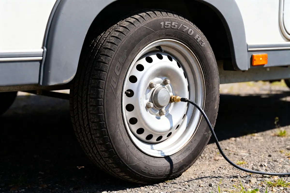 Remorquage vérifiant la pression de pneu 155/70 R13 sur une roue de remorque.