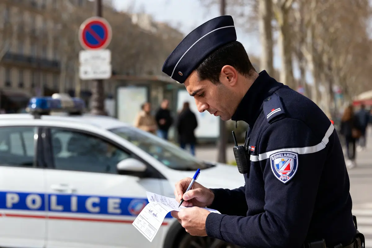 Un policier rédige une contravention avec voiture de patrouille, agent du service verbalisateur