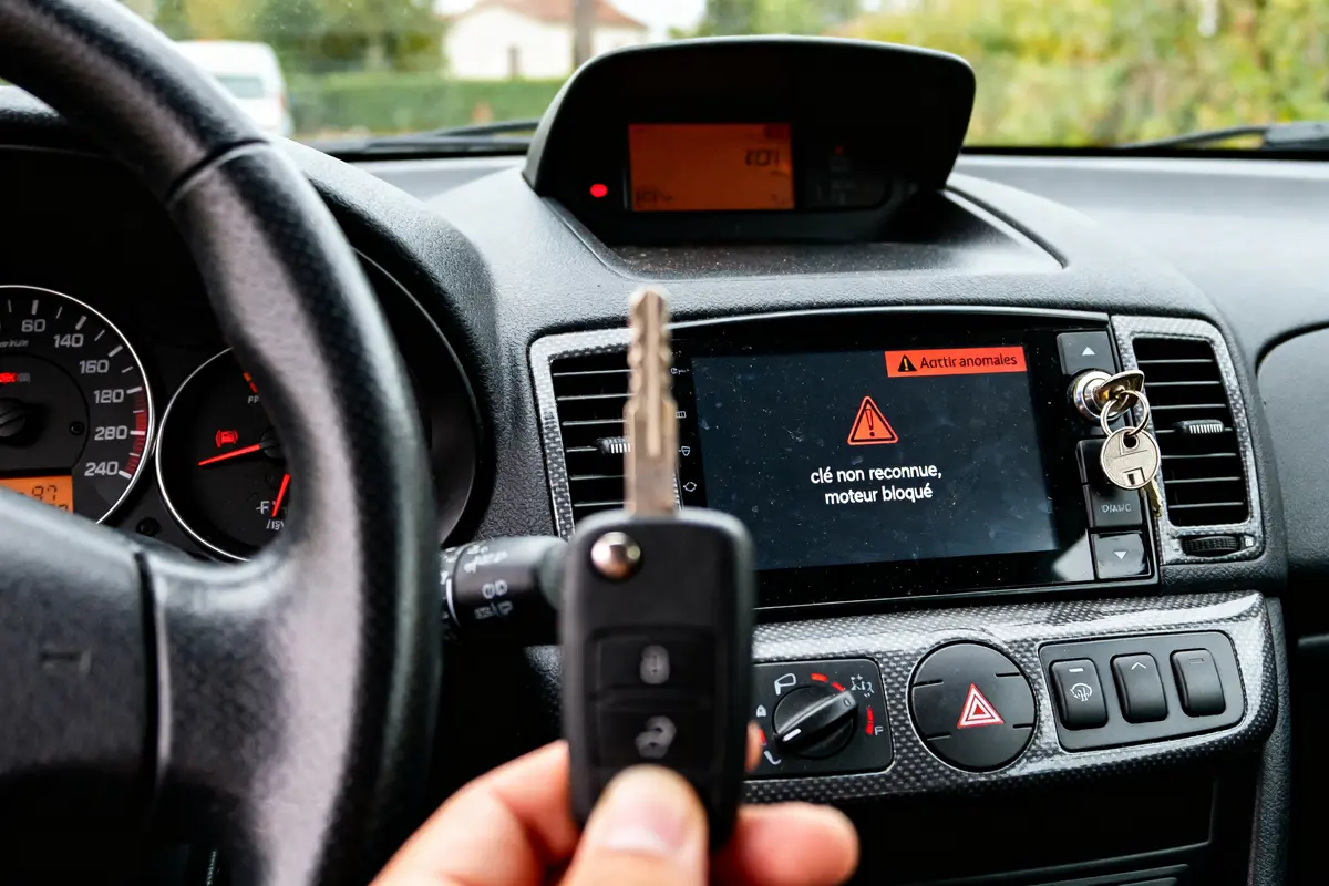 Tableau de bord Peugeot 206 avec message d’anomalie antivol électronique et clé non reconnue
