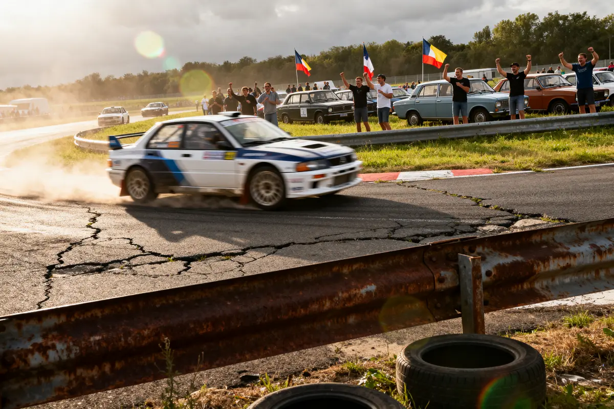 Voiture de course sur circuit de Montlhéry avec public, évoquant le calendrier des événements