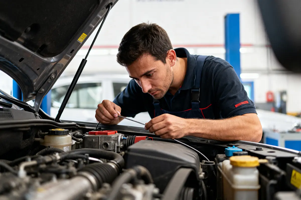 Mécanicien ajustant un câble d'embrayage à rattrapage automatique dans un moteur de voiture ouverte
