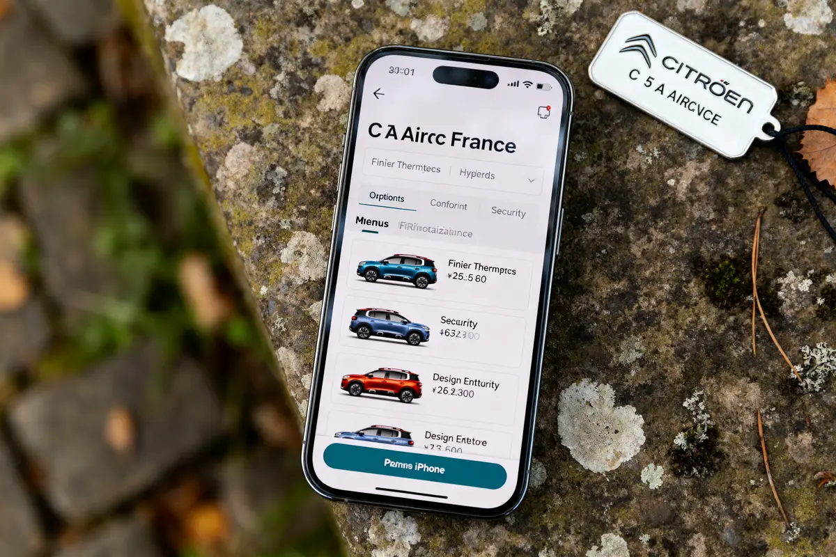 Smartphone affichant le configurateur pour Citroën C5 Aircross sur une pierre moussue