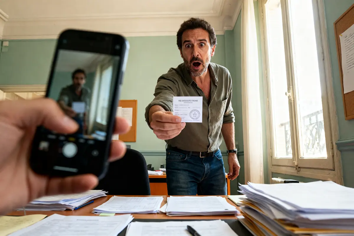Homme surpris montrant un document, téléphone en avant-plan, le salarié n'est plus responsable.