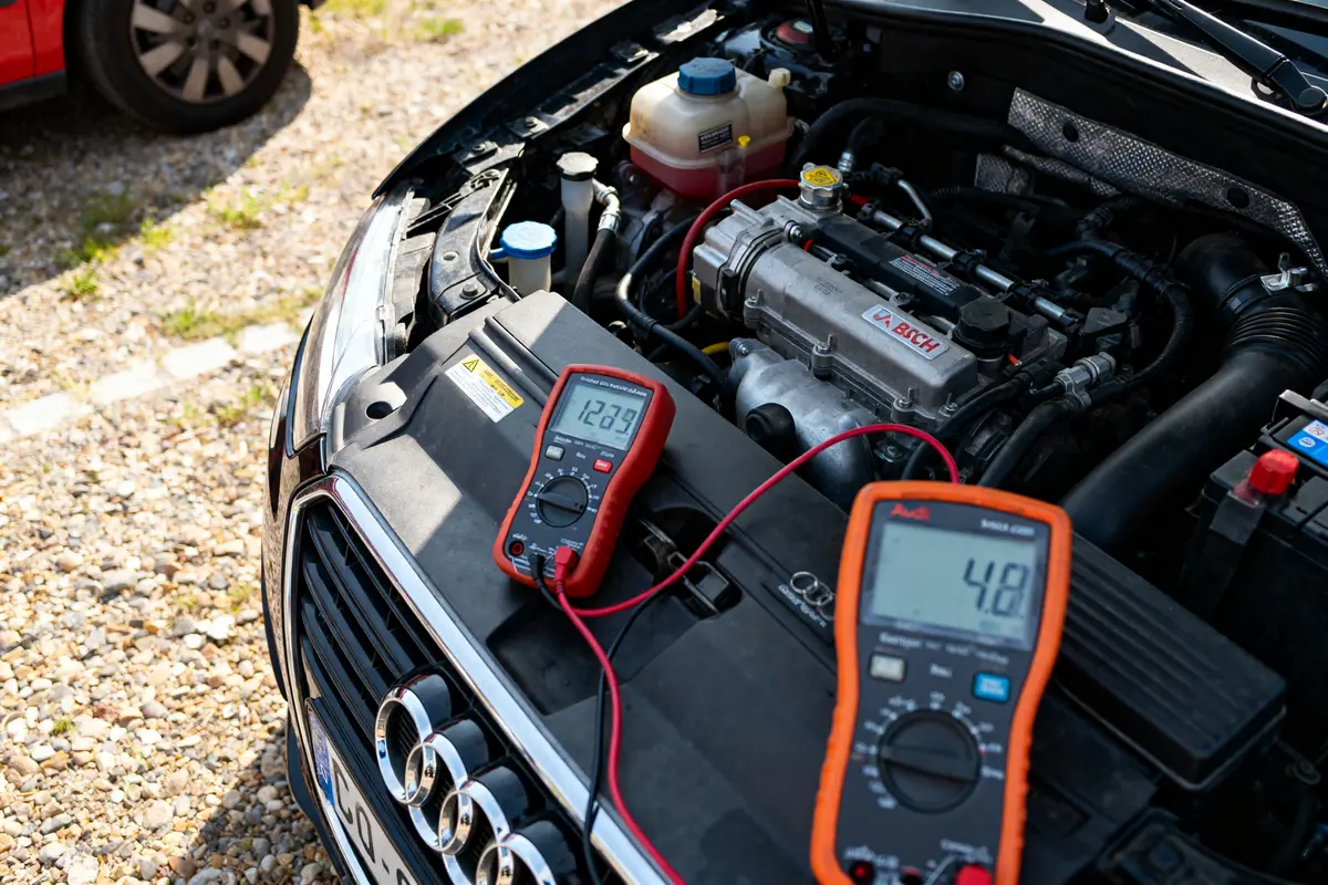 Moteur d'une Audi A3 avec multimètres pour évaluer le démarrage de l'Audi A3