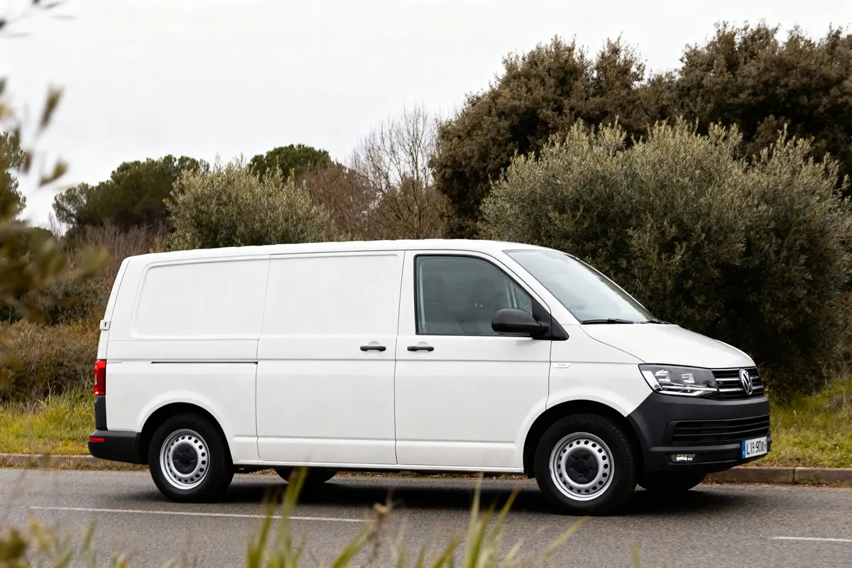 Fourgon blanc sur route, mettant en évidence les dimensions du Volkswagen Transporter T6 L1H1