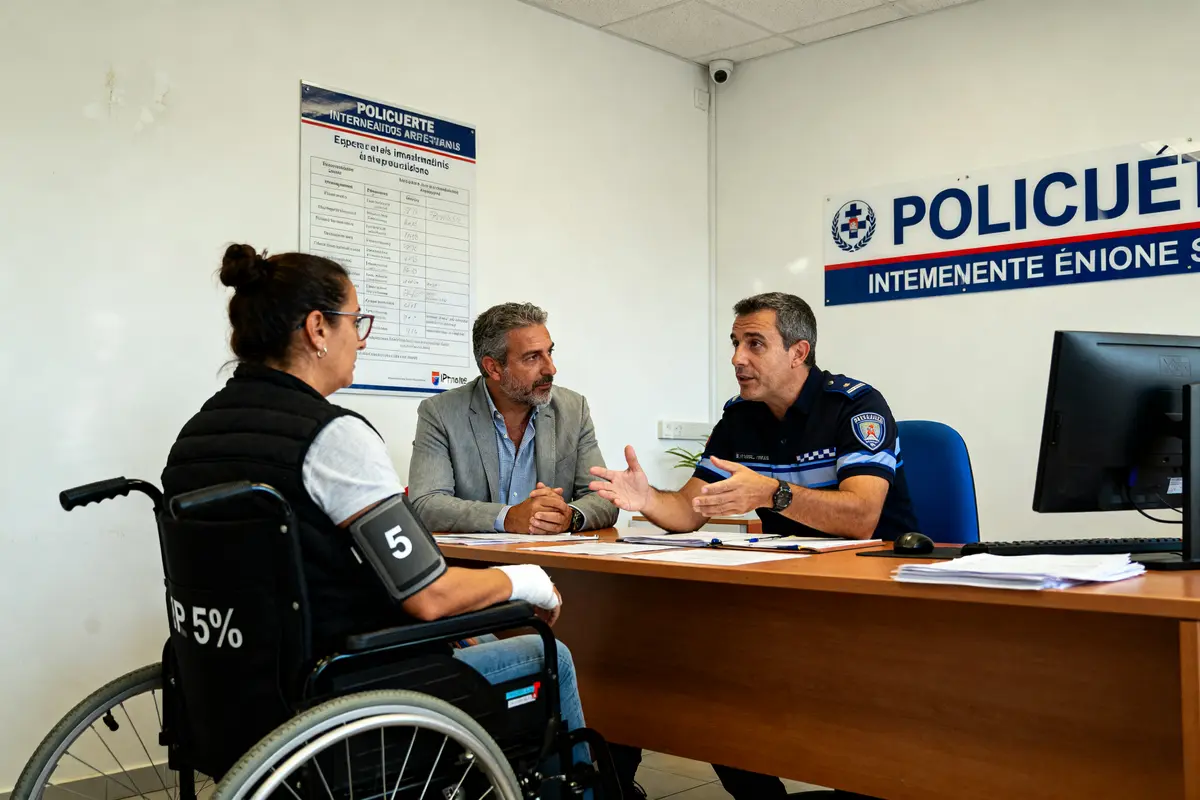Un policier explique l'exemple d'indemnisation après un accident de la route à une personne.