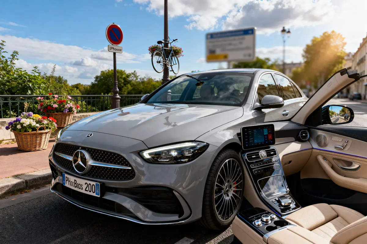Vue intérieure et extérieure de la Mercedes Classe C200, stationnée dans une rue ensoleillée