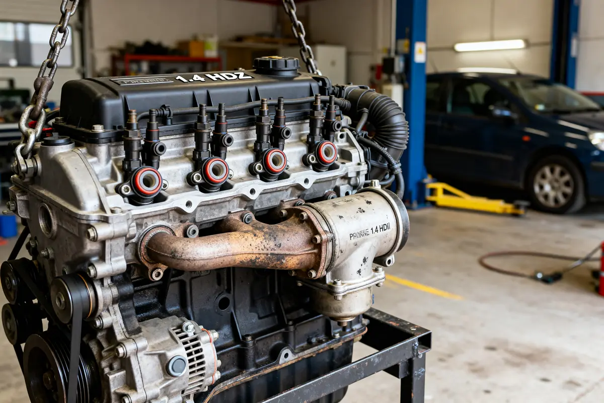Moteur 1.4 HDi en cours d'installation dans un atelier pour démontrer sa fiabilité