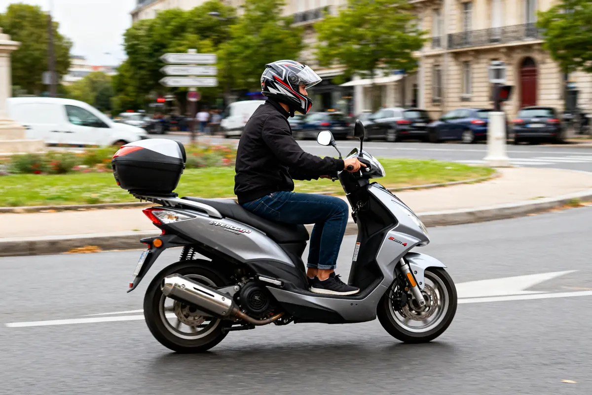 Personne roulant en ville sur un scooter Peugeot Speedfight 4 gris et noir