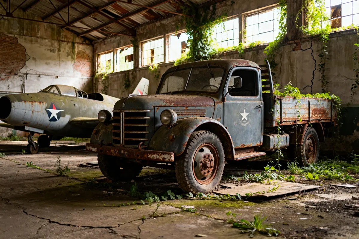 Camion et avion rouillés dans un hangar, exemples de véhicules abandonnés en France