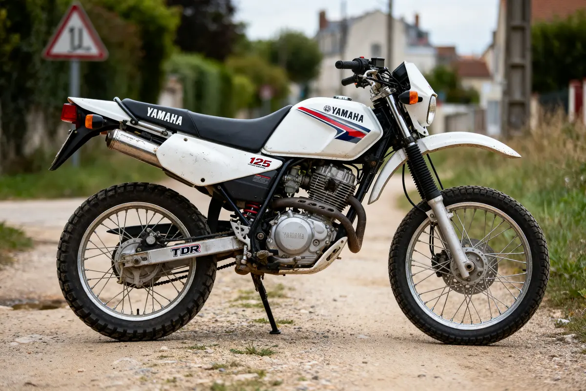 Moto Yamaha 125 TDR blanche sur chemin gravillonné en milieu urbain.