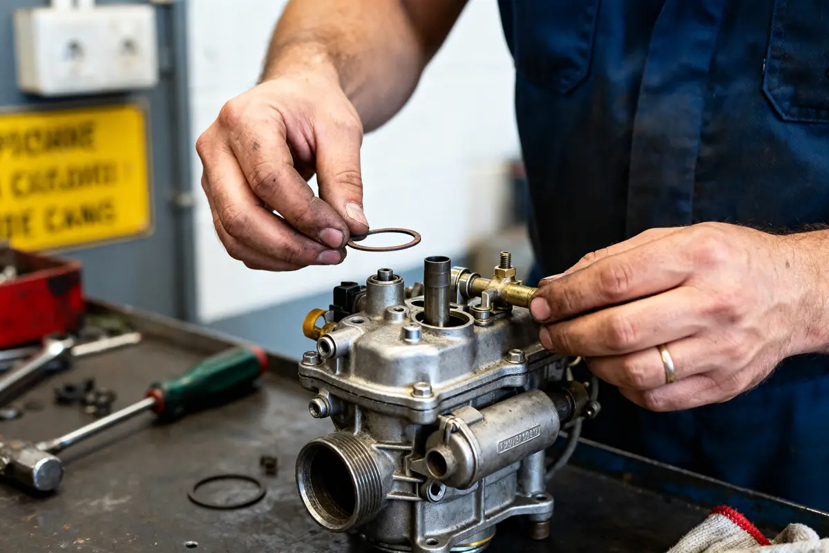 Mécanicien effectuant le remplacement d'un carburateur de voiture dans un atelier de réparation