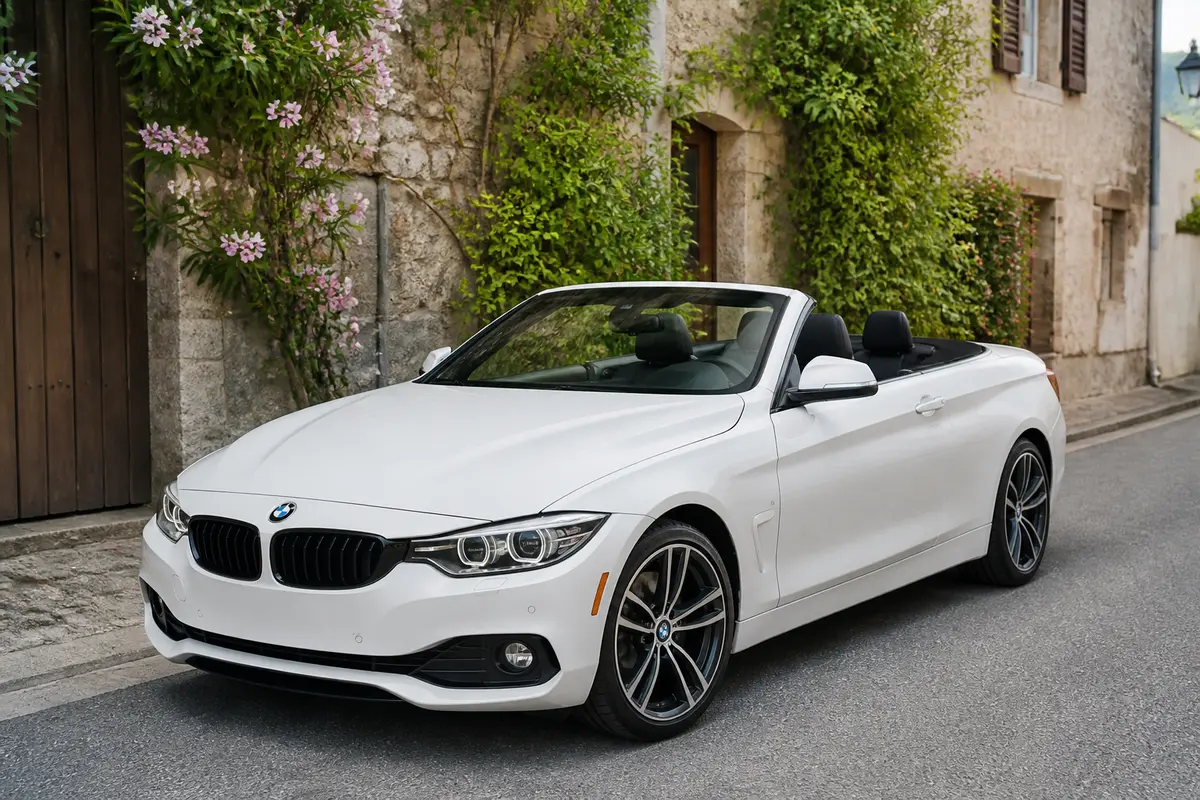 Décapotable BMW 2017 blanche garée devant maison en pierre avec plantes fleuries