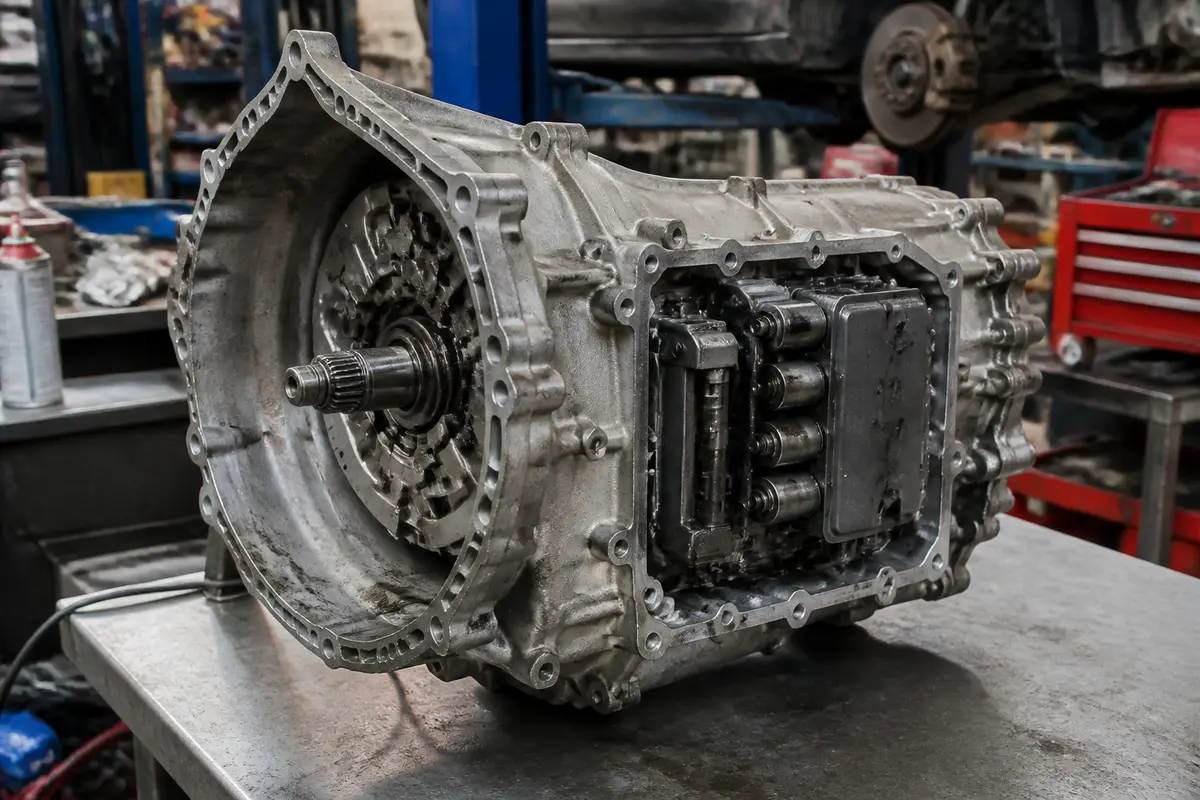Boîte DSG à 7 vitesses sur un établi dans un atelier de mécanique automobile