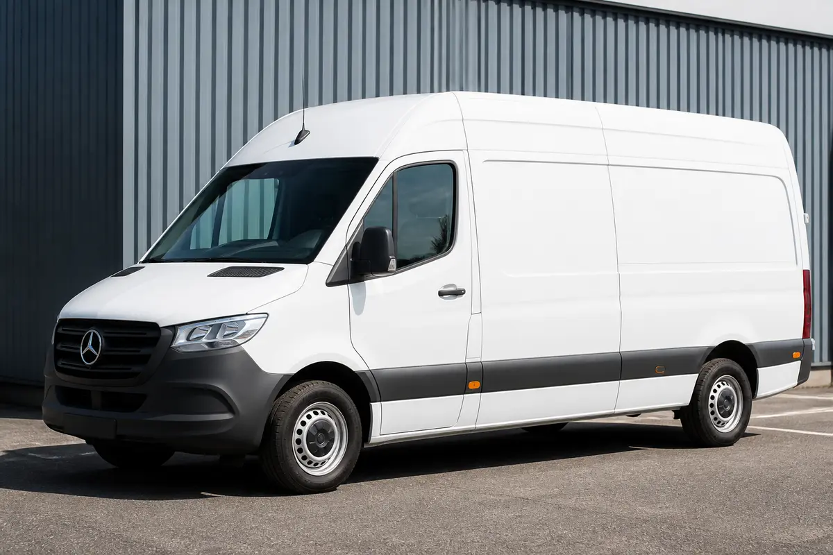 Fourgon blanc Mercedes Sprinter en stationnement illustrant les dimensions du Mercedes Sprinter