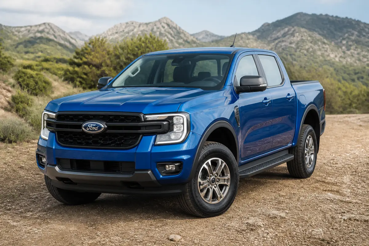 Pick-up Ford Ranger neuf sur chemin montagneux, exemple de rapport qualité-prix attractif.