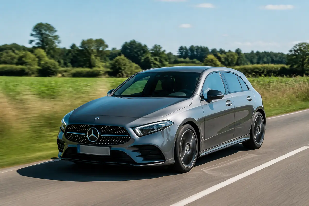 Voiture grise Mercedes-Benz A 200d roulant sur une route de campagne bordée d'arbres