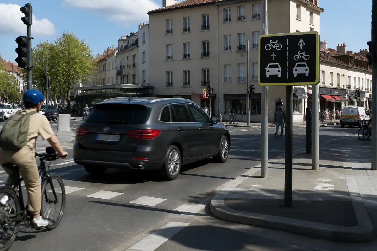 Cycliste et voiture constatant le non-respect de la signalisation NATINF à une intersection urbaine