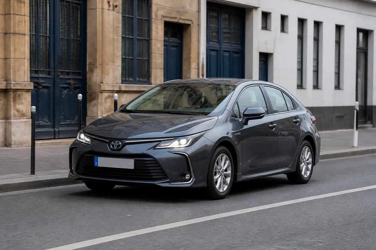 Berline Toyota Corolla grise garée dans une rue urbaine devant un bâtiment ancien