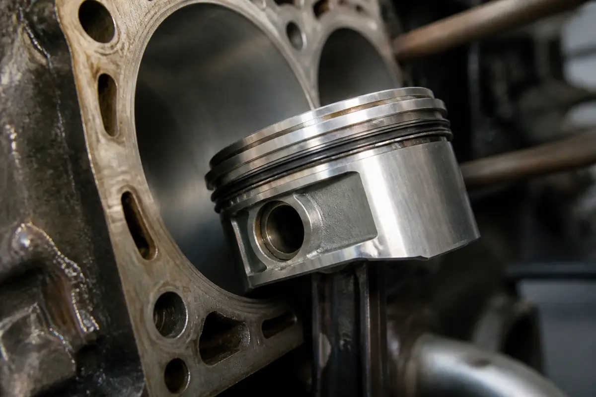 Vue rapprochée d'un moteur montrant un cylindre et piston en métal poli