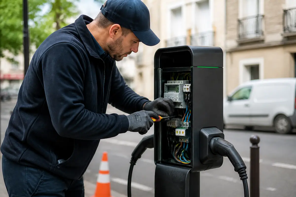 Électricien IRVE réparant une borne de recharge électrique en milieu urbain.