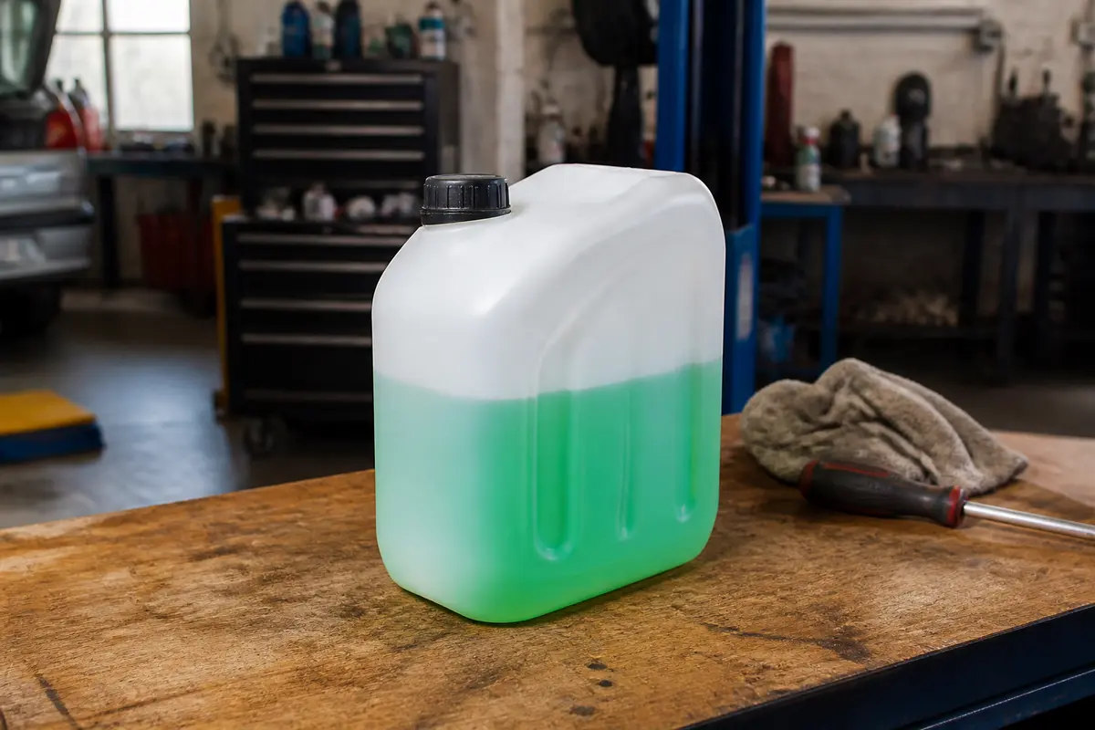 Bidon de liquide de refroidissement BMW vert sur établi dans un atelier mécanique