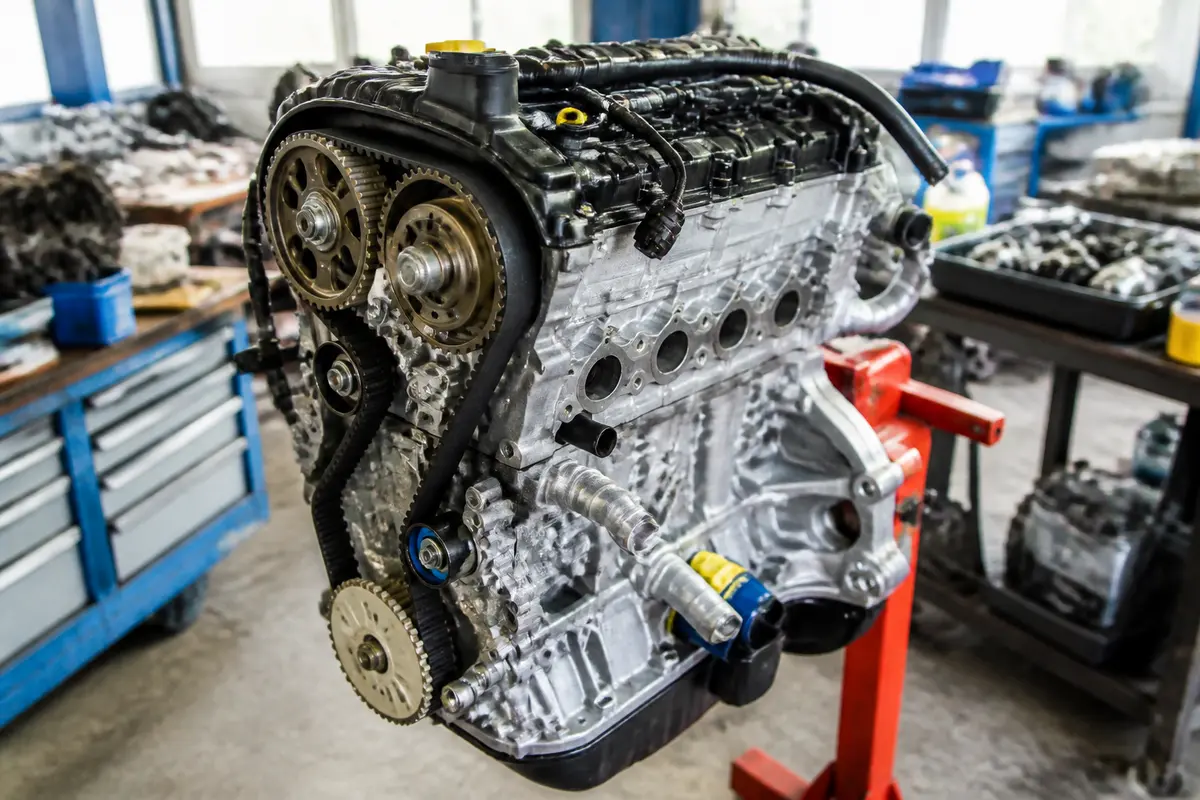 Moteur PureTech dans atelier mécanique avec courroies visibles pour avis technique détaillé