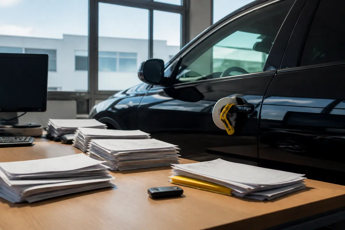 Documents empilés devant voiture verrouillée, accentuant la synergie avec Eurodatacar pour ne pas payer