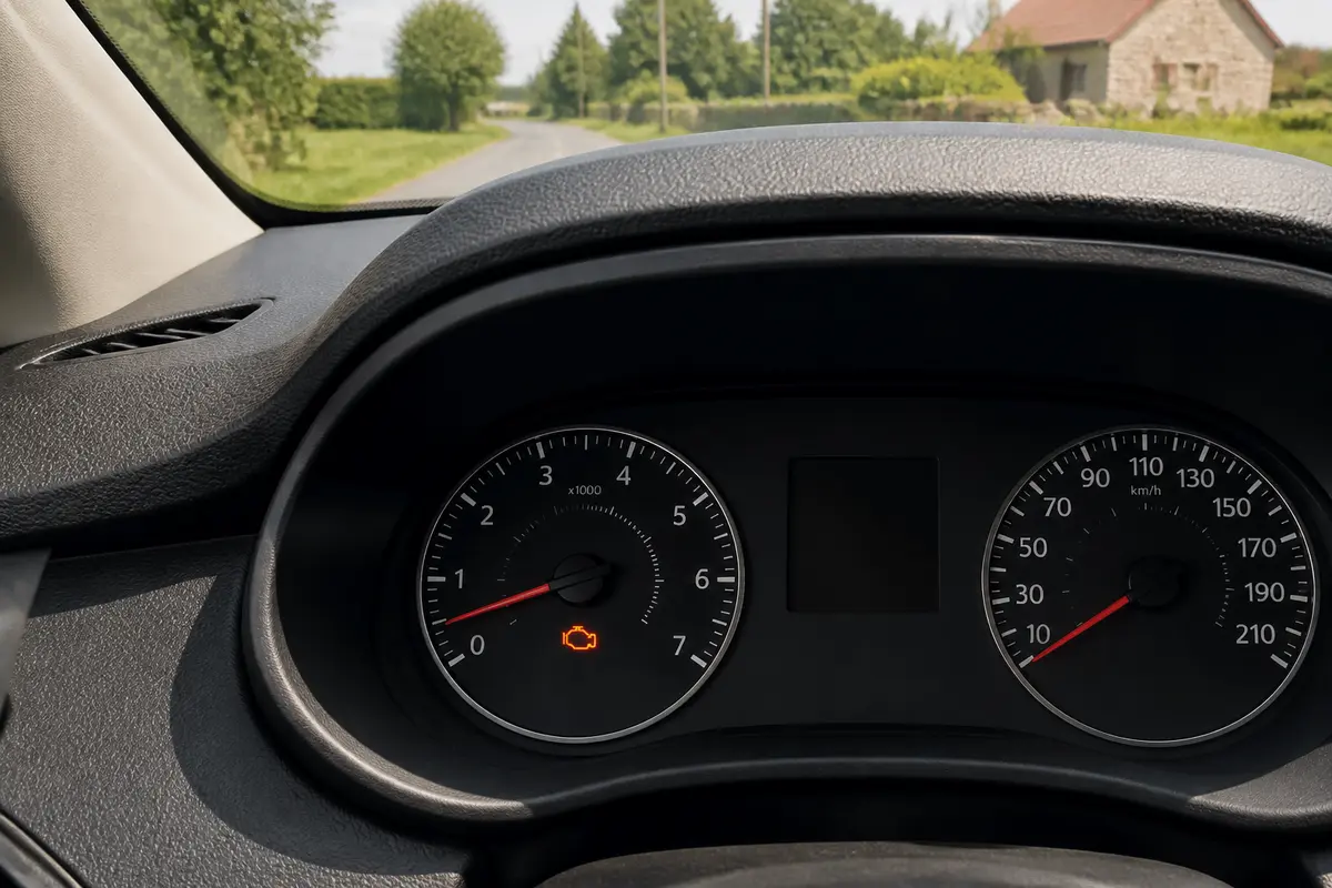 Voyant moteur allumé sur tableau de bord d'une Dacia Sandero en campagne verdoyante